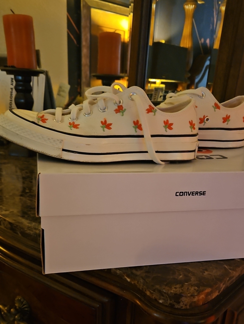 Converse Kids Low Top Canvas Sneakers in White with Red Floral